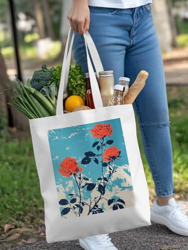 Red Botanical Floral Herbs Canvas Tote Bag, Aesthetic Canvas Tote Handbags for Women Shoulder Bag4
