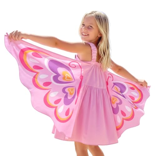 WELAKEN Kid Girls Butterfly Wings Dress - Toddler Cotton Sleeveless Fairy Sundress with Pockets Pink 6-7Y