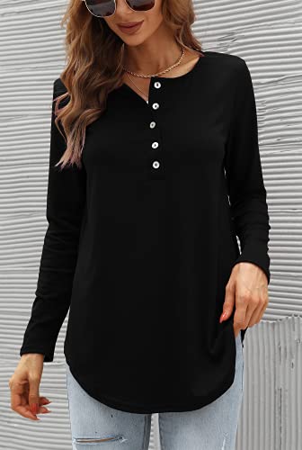 Odosalii-Damen-Tunika-Langarm-Longshirt-V-Ausschnitt-Knopfleiste-Bluse-Tops-Lockere-Blusen-Oberteile