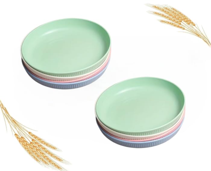 Image of Wheat Straw Plates Set of 8 - Unbreakable Round 9 Inch Dinner Plates for Kids & Adults - BPA-Free, Eco-Friendly, Dishwasher & Microwave Safe - Multicolor Set for Home, Camping & Outdoor Use