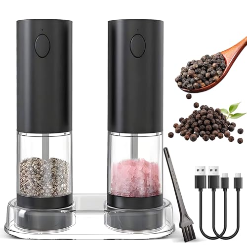 Moulin à Poivre Electrique, Sel Électrique Rechargeable Moulin à Épices avec Base, Lumière LED, Moulin à poivre automatique et broyeur réglable, grande Récipient transparent de 95 ml, 2 PièCes(Noir)