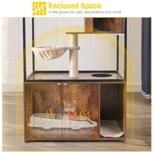Aivituvin Cat Litter Box Enclosure, Litter Box Furniture Hidden, Wooden Cat Washroom Furniture, Indoor Cats House with Condo, Hammock, Scratching Mat and Storage Shelves