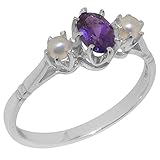 925 Sterling Silver Natural Amethyst & Cultured Pearl Womens Engagement Ring - Size K