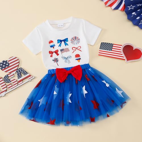 Image of Toddler Girl 4th of July Outfit American Flag Shirt+ Star Tutu Skirt Independence Day Clothes