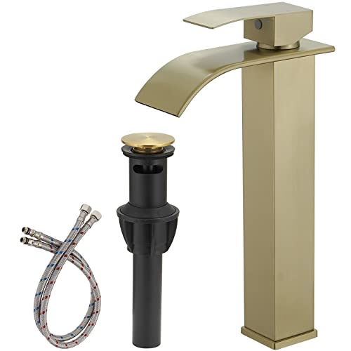 Bathfinesse Vessel Sink Faucet Brushed Gold Waterfall Spout Faucet For Bathroom Sink Tall Single Handle One Hole Deck Mount Bowl Vanity Sink Taps With Pop-Up Drain Stopper #TOP27