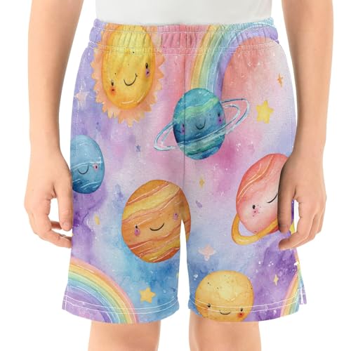 DOMIKING Planet Star Rainbow Pink Kids Shorts Pull-on Boys Shorts with Elastic Waist Casual Athletic Pants for Outdoor Summer2