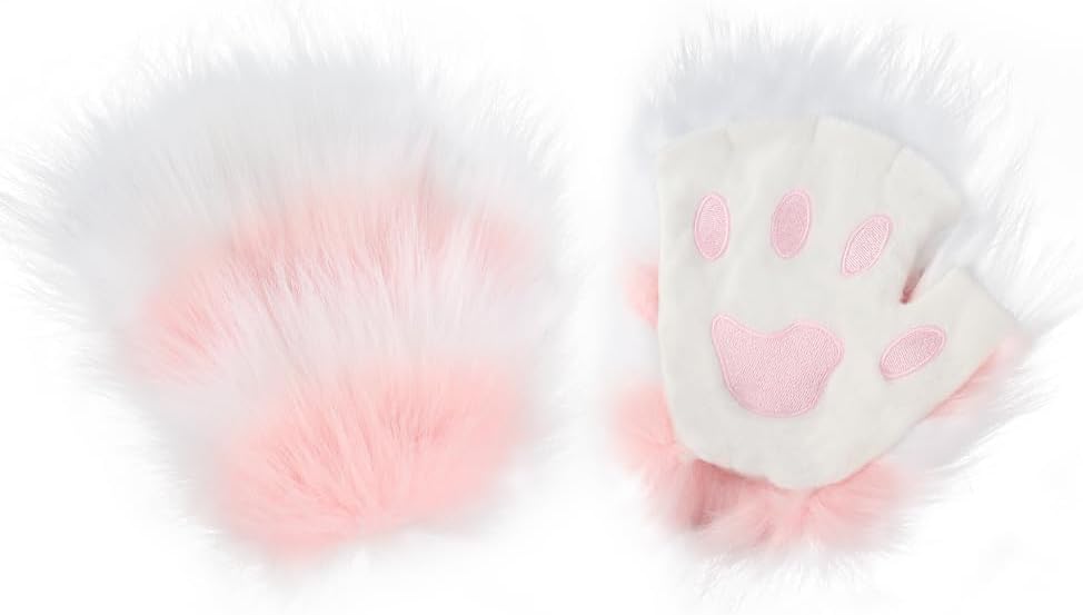 JUNBOON Faux Fur Cat Ears and Wolf Fox Tail Set Adult Kids Claw Glove Kit for Halloween Anime Cosplay Party
