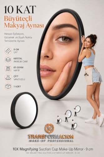 10X Büyüteçli Makyaj Aynası - Çift Vantuzlu Kristal Akrilik 9 cm Taşınabilir Seyahat Tipi Büyüteçli Ayna, Hassas Epilasyon, Gözenek ve Siyah Nokta Temizleme Aynası 723340