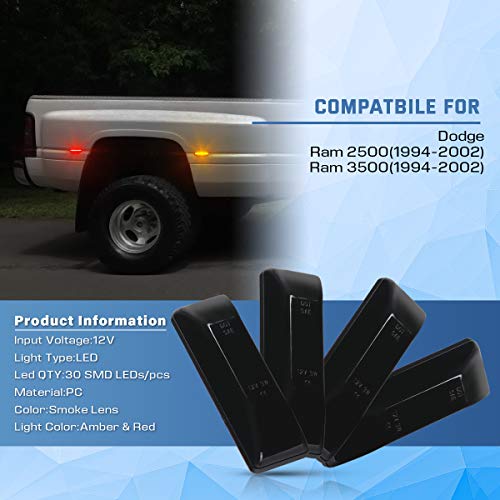 Gempro Rear Bed Side Marker Dually Lights For Dodge Ram 2500 3500 1994-2002 Trucks Wheel Side Fenders Lamp Clearance 4Pcs (Smoke Lens) #TOP4