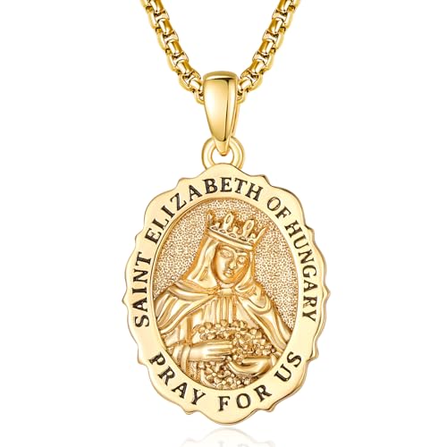 TANGPOET St Elizabeth Of Hungary Medal Pendant Necklace for Women Men Gold Plated 925 Sterling Silver Catholic Christian Religious Jewelry Gifts for Confirmation Christmas