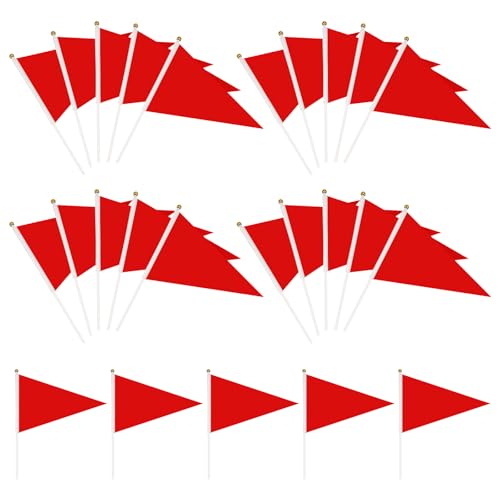 25 Pack Red Pennant Flags Mini Handheld Pennant Flags Solid Red Blank Pennants on Sticks for School Sports Club Bithday Party Events Celebration Gardens Decorations