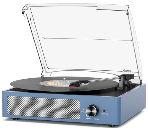 Tocadiscos de vinilo con 2 altavoces estéreo, tocadiscos vintage accionados por correa, 3 velocidades, 3 tamaños, reproducción inalámbrica Bluetooth, entrada AUX-in, salida RCA, auriculares