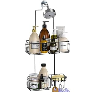 Epicano Anti-Swing Hanging Shower Caddy, Over Head Shower Caddy Rustproof with hooks for Towels, Sponge and more, Metal Black