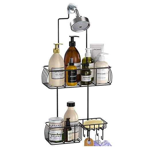 Epicano Anti-Swing Hanging Shower Caddy, Over Head Shower Caddy Rustproof with hooks for Towels, Sponge and more, Metal Black