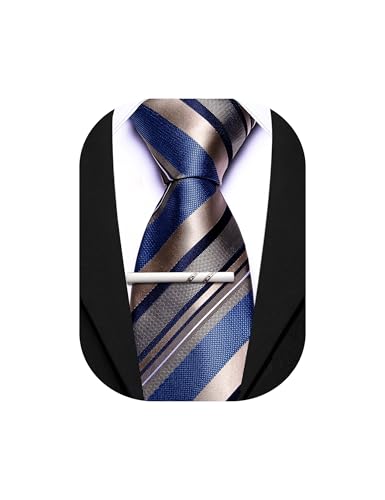 Image of Barry.Wang Silk Men Ties Formal Stripes Necktie and Tie Clip for Wedding Party Business Fashion Classic