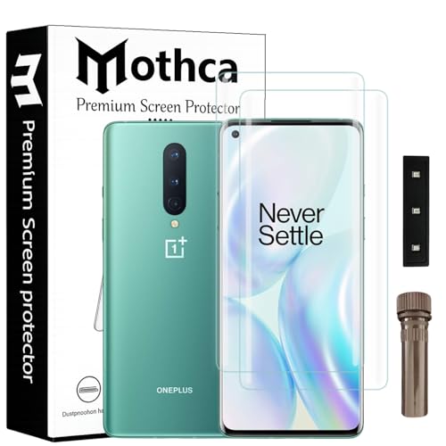 Image of Mothca Curved UV Tempered Glass Screen Protector for OnePlus 8 | Transparent | Pack of 2 | Borderless Full Screen Coverage with UV Installation Kit