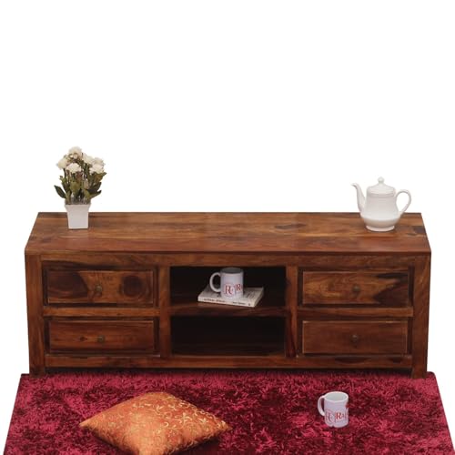 Image of Solid Wood TV Unit for Living Room 55 Inch Furniture - Wooden TV Unit with Storage Cabinet with 4 Drawr, 2 Shelves Wooden TV Cabinet for Living Room - Fits up to 55-Inch TV (Jayden)