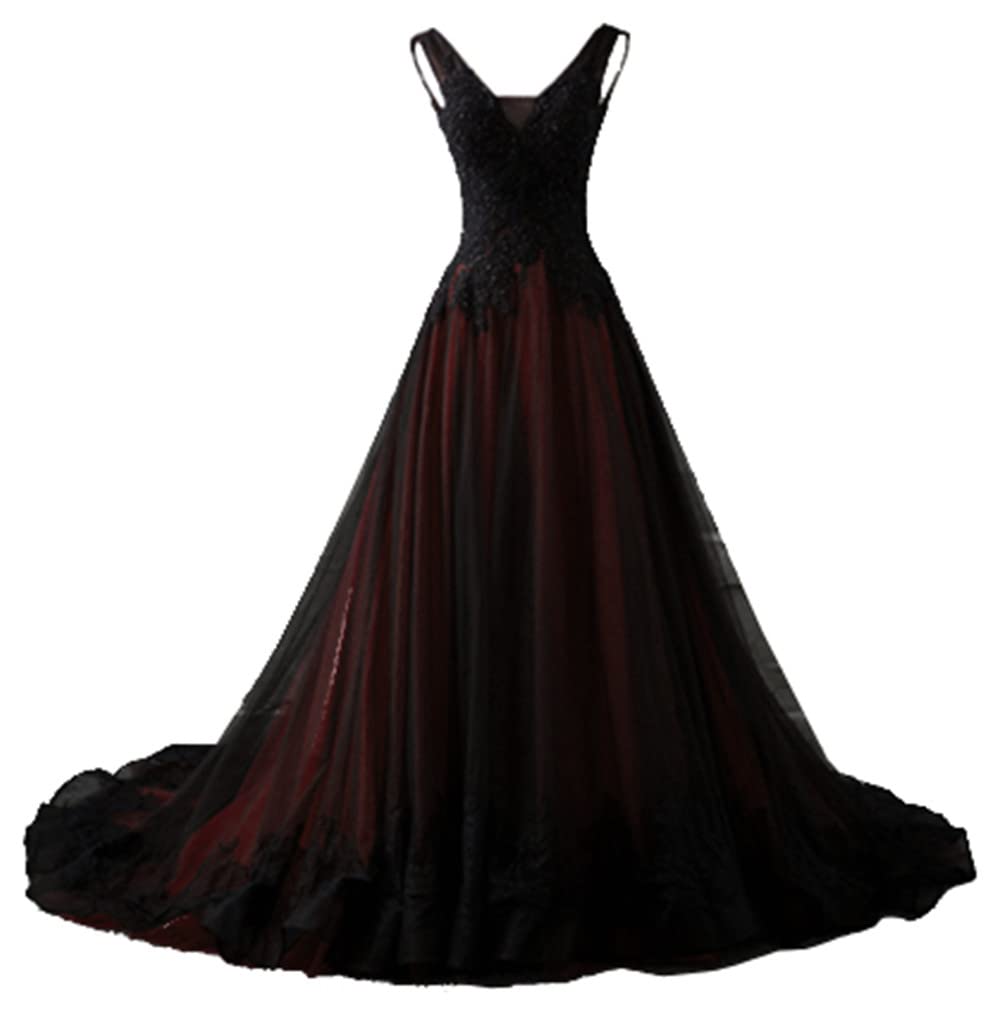 Damen Applikation Gothic Brautkleid V-Ausschnitt A-Linie Brautkleid mit Schleppe