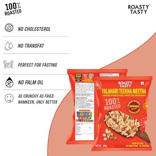 Image of Roasty Tasty Falahari Theekha Meetha Mix Roasted Namkeen Snack 200g | Oil-Free Farari Chiwda | No Onion, No Garlic Farali Namkeen | Healthy Vrat Upwas Fast Namkeen | No Cholesterol No Transfat Healthy Snack for Fasting