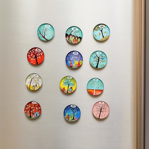 Image of Nostrae by Ekhasa Multicolor Tree of Life Glass Cute Fridge Magnets Set of 12 | Fridge Magnet Refrigerator Stylish | Kitchen Fridge Decoration Items | Mini Gifts