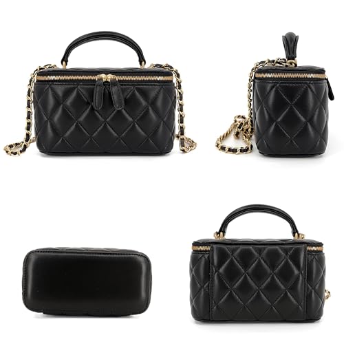 Small Genuine Leather Purse Quilted Crossbody Bag for Women, Mini Top-Handle Shoulder Handbag w/Gold Chain Strap3