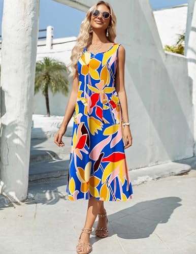 Image of Zeagoo Womens Summer Sleeveless Crew Neck Floral Midi Dresses Casual High Waist A Line Beach Tank Dress with Pockets