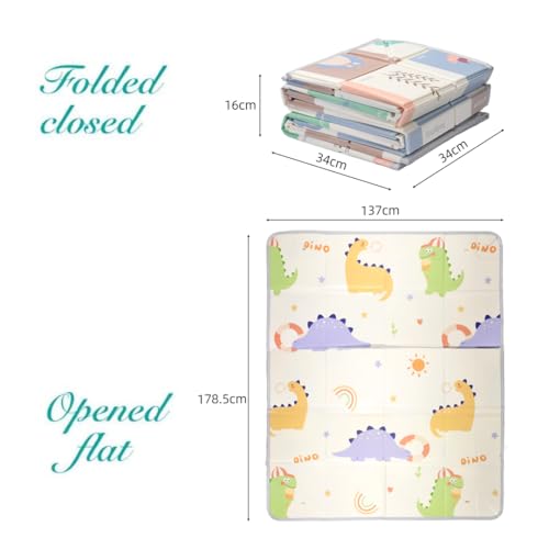 Image of TARKAN Foldable Baby Play Mat with Raised Borders, Double-Sided Design, 140 x 180 cm x 7mm, Dinosaur and Penguin Pattern