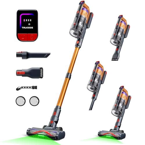 Trucozie Cordless Vacuum Cleaner for Home, Upgraded 60Kpa Powerful Suction Pet Hair Vacuum with 70min Runtime, Green LED Light for Hardwood Floors & Carpet, Self-Standing Rechargeable Stick Vacuum