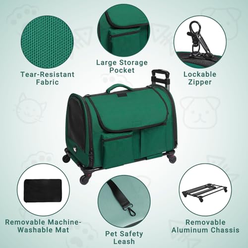 Large-Cat-Carrier-with-Wheels-Foldable-Rolling-Pet-Dog-Carrier-with-Wheels-and-Big-Pocket-Cat-Carrier-Travel-Bag-for-2-Cats-Dogs-Under-30-lbs-for-Outdoor-Vet-Visits-Blackish-Green Large Cat Carrier with Wheels Foldable Rolling Pet Dog Carrier with Wheels and Big Pocket Cat Carrier Travel Bag for 2 Cats Dogs Under 30 lbs for Outdoor Vet Visits Blackish Green