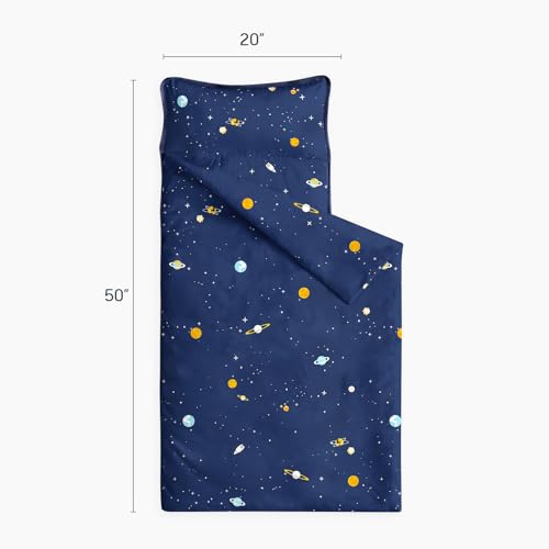 Image of Wake In Cloud - Toddler Nap Mat with Pillow and Blanket, 100% Cotton Fabric, for Kids Boys Ages 3 Plus in Daycare Kindergarten Preschool, Roll Up Sleeping Bag, Galaxy Spaces