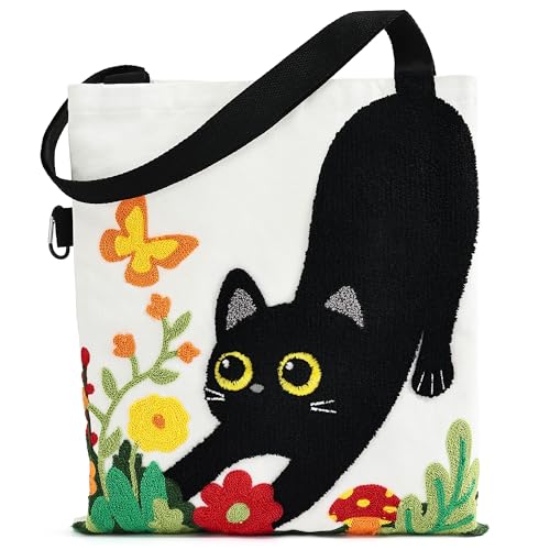 Product Image of the Jeasona Embroidered Cat Canvas Tote Bag for Women - Cute 3D Black Cat & Flowers Reusable Canvas Shoulder Bag with Pocket, Ideal Gift for Cat Lovers and Women