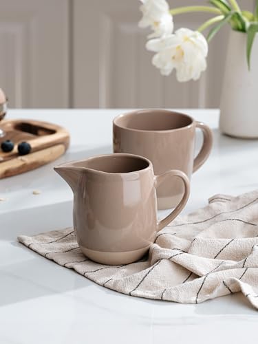 Image of famiware Milkyway 13oz Creamer with Handle, Ceramic Coffee /Milk /Sauce /Serving /Salad Pitcher Jug, Stoneware Maple /Syrup Dispenser, Milk Frother Cup, Microwave and Dishwasher Safe, Cinnamon Brown