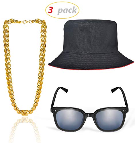 3 Set Hip Hop Costume Kit Gold Chain (22 Inch) Bucket Hat DJ Sunglasses Rapper Hip Hop Costume Accessaries