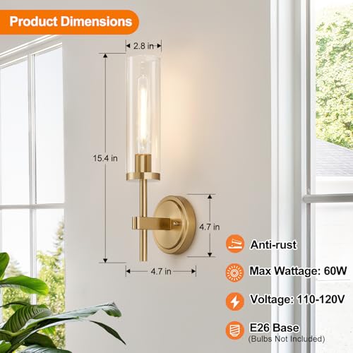 Image of [Hardwired] Wall Sconces Set of Two, Brushed Gold Bathroom Sconces with Clear Glass, Modern Wall Light Fixtures for Bathroom Mirror Vanity, Living Room, Bedroom, Hallway, Stairway, Cabinet, Foyer