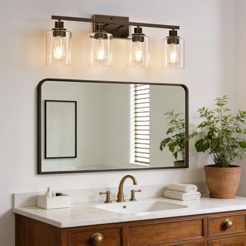 Image of MOKATNG 4-Light Bathroom Light Fixtures, Vanity Light with Clear Glass Shades, Oil-Rubbed Bronze Bathroom Light Fixtures Over Mirror, Modern Bathroom Wall Lamp for Mirror Living Room Cabinet Bedroom