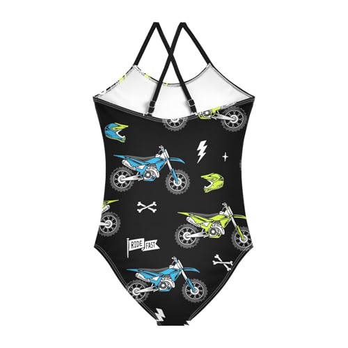 Girls One Piece Swimsuits Blue Green Motocross Pattern Sport Halter Swimwear Beach Bathing Suit, 4T2