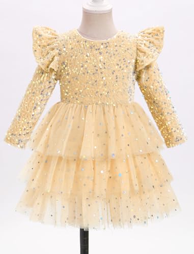 Toddler Baby Girls Sparkle Sequins Velvet Long Sleeve Glitter Tulle Tiered Dress for Xmas Fall Winter3