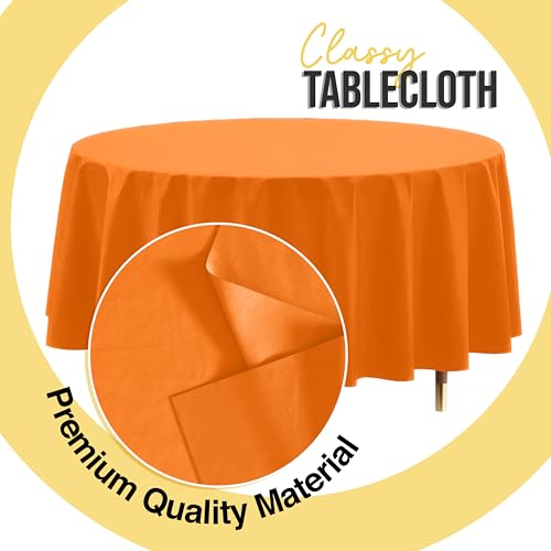 Image of Exquisite Orange Round Tablecloth 84 inch - 48 Pack | Plastic Tablecloth, Disposable Table Covers Round for Parties, Weddings, Holidays & Party Supplies