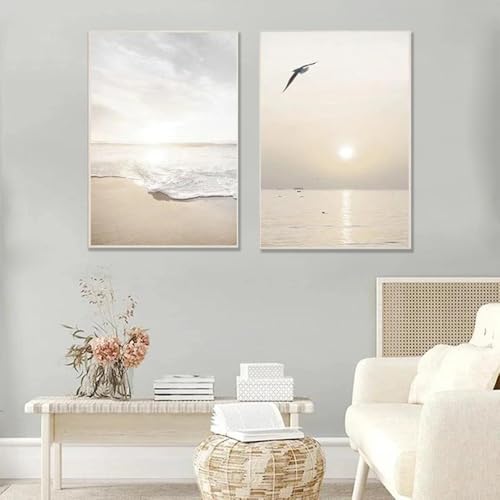 2 Cuadro Salon Grande Naturaleza 50x70 Laminas Decorativas Pared Beige Paisaje Playa Puesta de Sol Gaviota Cuadro Poster Bohemio Impresión sobre Lienzo