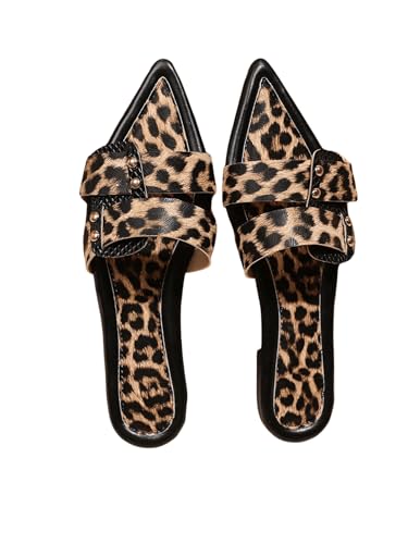 GORGLITTER Women's Leopard Print Y2k Slide Sandals Pointed Toe Studded Double Band Dressy Flats