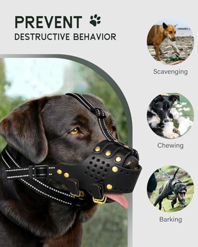 Dog Muzzle, Leather Basket Soft Muzzles Medium Large Breeds, Pitbull Dog Muzzle Amstaff Muzzles Staffordshire Terrier, German Shepherd Dalmatian Doberman Adjustable Breathable Muzzles for Dog (L)