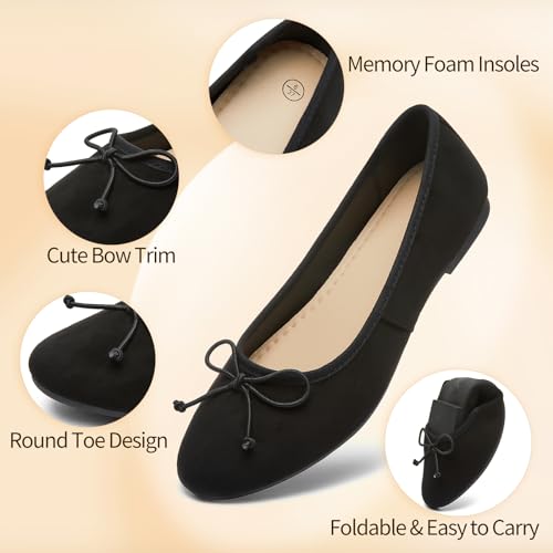 Witwatia Women's Flat Dress Shoes Comfortable Black Ballet Shoes Casual Slip On Dress Shoes Suede Round Toe Flats with Bow2