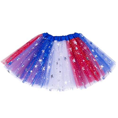 4th of July Tutus for Girls 3 Layered Red White Blue Tulle Tutu Skirts for 4-12 Year Kids Independence Day Patriotic Costume