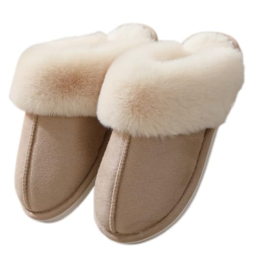Womens Slipper Warm Comfy Fluffy Slip On Winter House Shoes Suede Slippers with Faux Fur Collar Lining Non-Slip Cozy Slippers for Indoor Outdoor