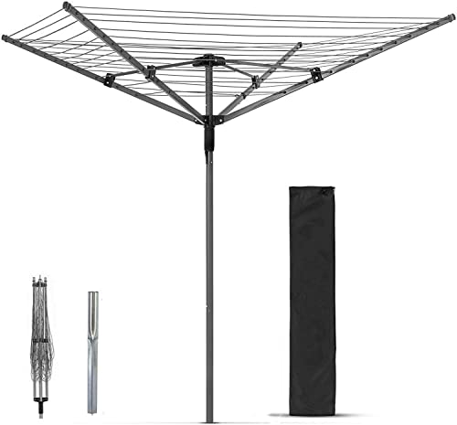 Prime Plus 60m Large Rotary Airer(Grey) Clothes Dryer, Adjustable, Folding Outdoor With Ground Spike & Cover