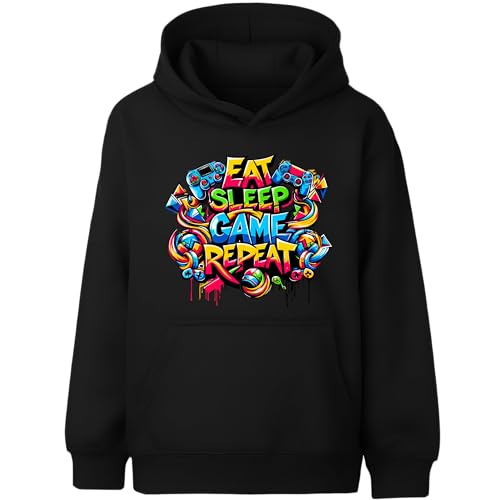 Fringoo Gamer Hoodie Grey for Boys Cotton Rich Soft Hooded Sweatshirt for Boys Gaming Pullover Jumper with Kangaroo Pocket Age 5-13 (UK Age 9 Years 11 Years Regular Black - EAT Game)