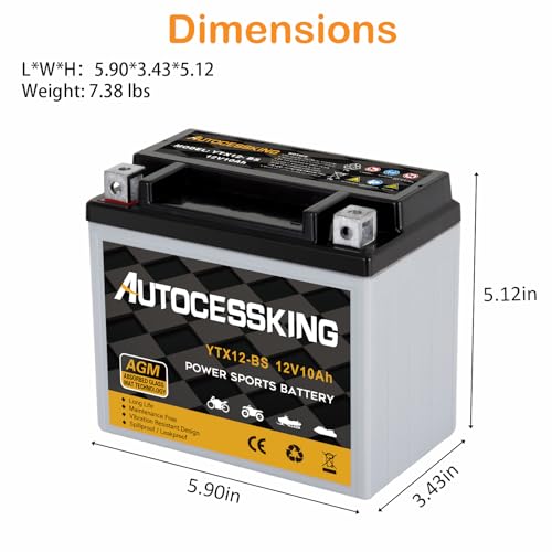 Image of YTX12-BS Motorcycle Battery, 12V 10Ah Rechargeable Maintenance Free Sealed AGM Battery Powersport Replacement Battery for ATV and Scooter