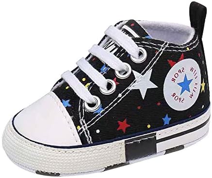 UARO Baby Boys Girls Star High Top Sneaker Soft Anti-Slip Sole Newborn Infant First Walkers Canvas Denim Shoes (G-Black, 12_Months), 12-18 Months Toddler