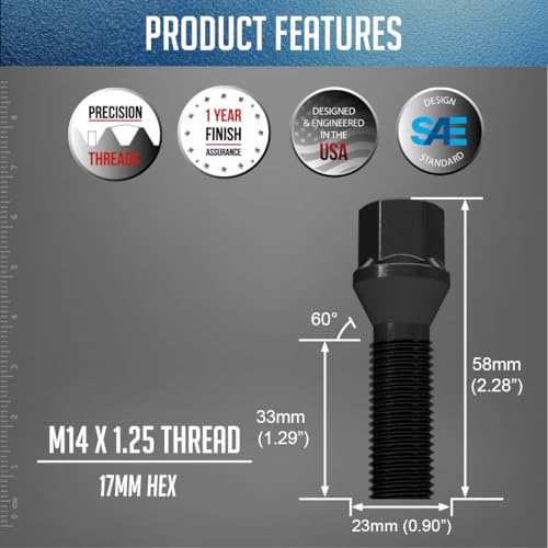 Image of Wheel Accessories Parts 20 Pcs Lug Bolt Set M14 x 1.25 14x1.25 Thread Acorn Seat Lug Bolts Black Finish 33mm Shank Length 17mm Hex fits BMW 3, 4, 5, 7, 8 Series, M2, M4, M5, M8, X5, X6, X7