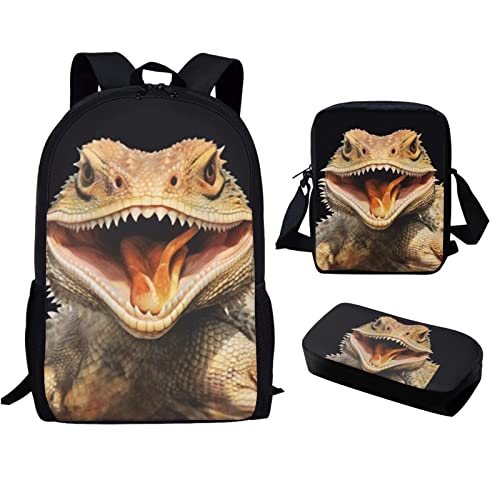 Xpyiqun 3 pcs School Bag Set Lizards Backpack Purse for Elementary School Boys Bookbag Middle High Schoolbag Bookbag with Crossbody Bag Pencil Case Junior Students Knapsack for Daycare
